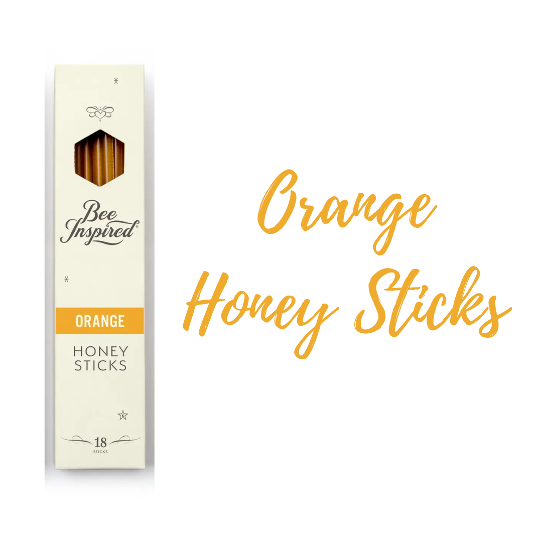Packaging of 'Orange Honey Sticks' with 'Bee Inspired' branding on a white background.