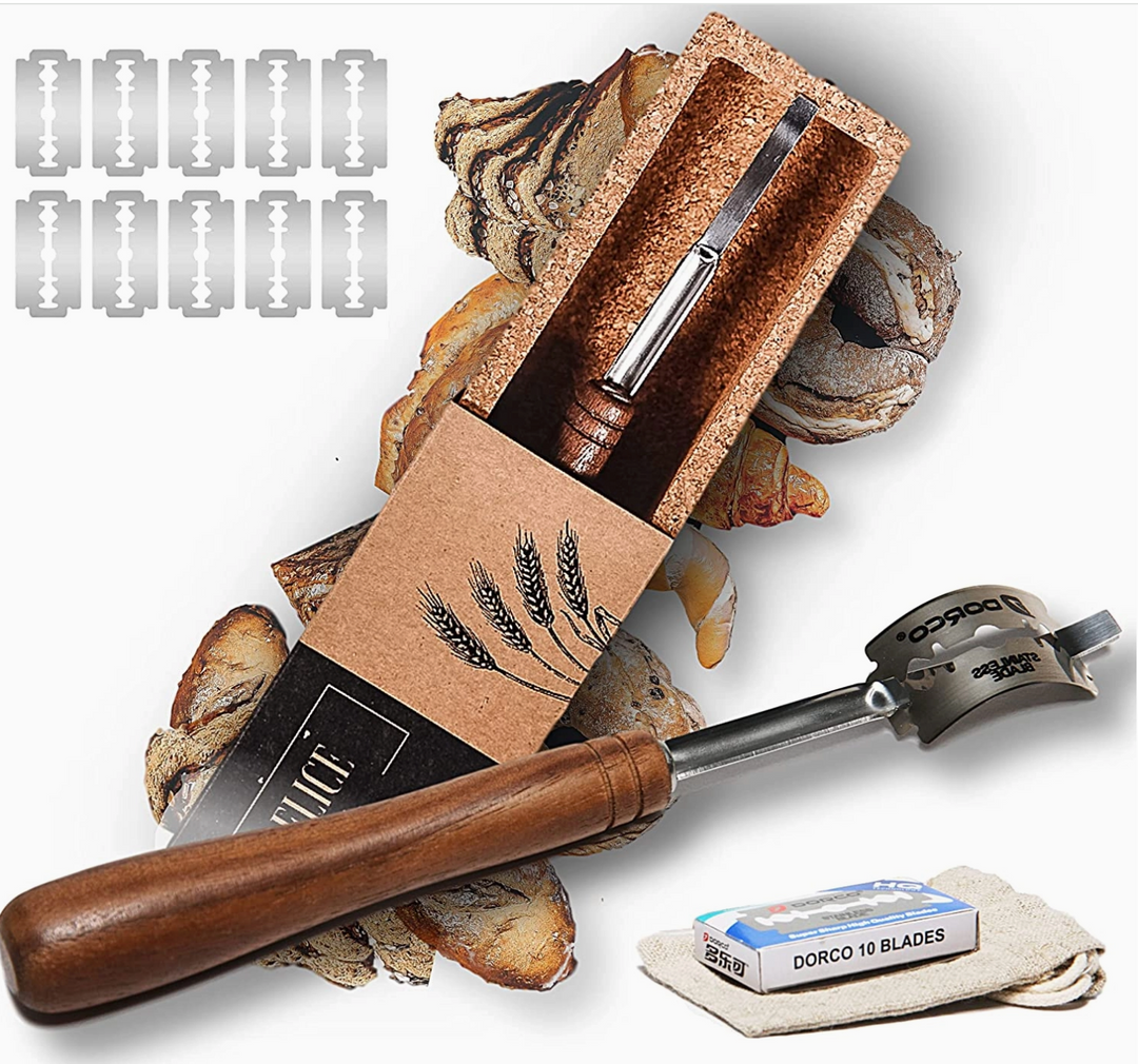 Bread Lame set with wooden handle, cloth pouch, and blades on a white background