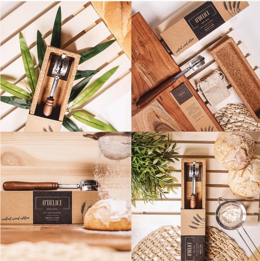 Collage of wooden handled bread lame in packaging with a natural background