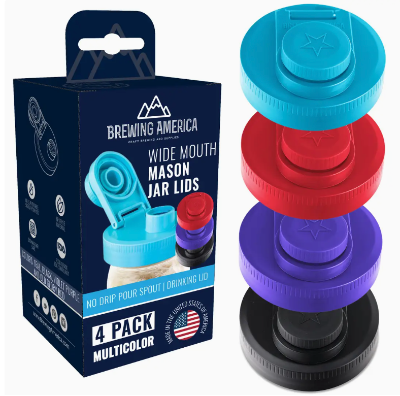 Wide Mouth Mason Jar Pour &amp; Sip Lids – 4 Pack (Lids Only)