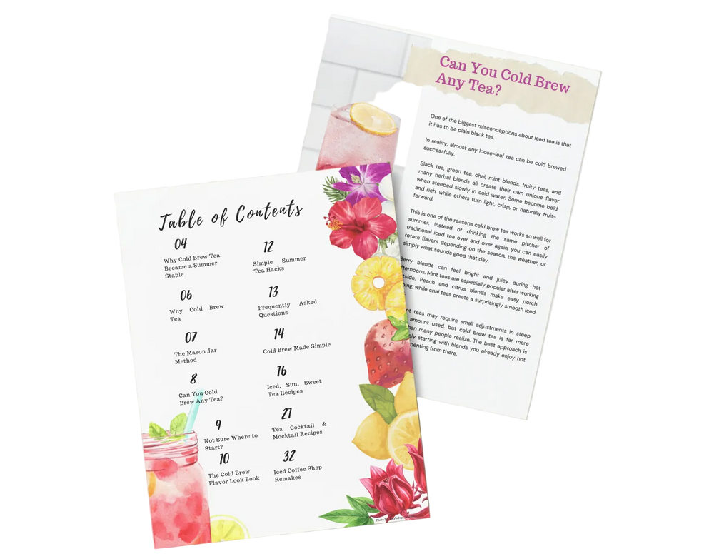 Floral-themed table of contents and text document on a light gray background