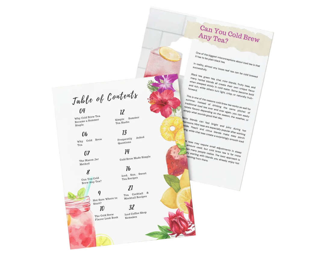 Floral-themed table of contents and text document on a light gray background