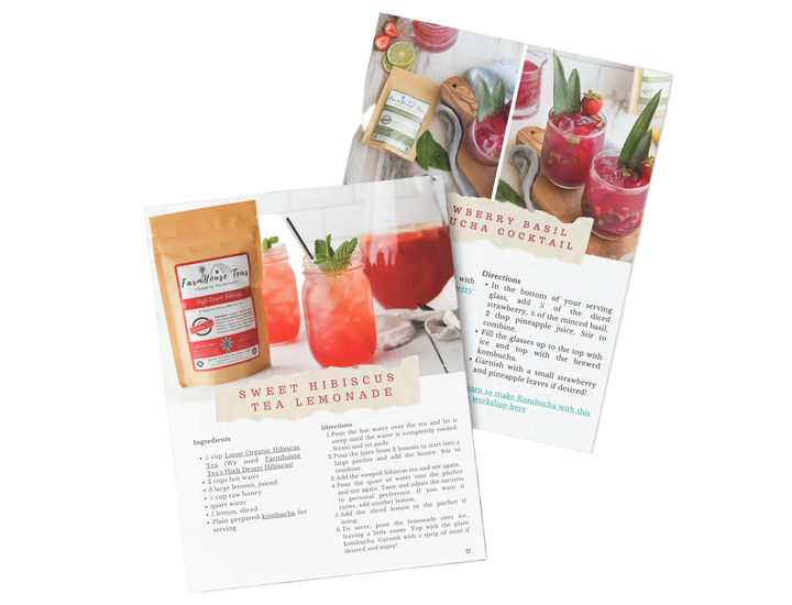 Two pages from a recipe book featuring hibiscus tea lemonade and another cocktail recipe on a light gray background.