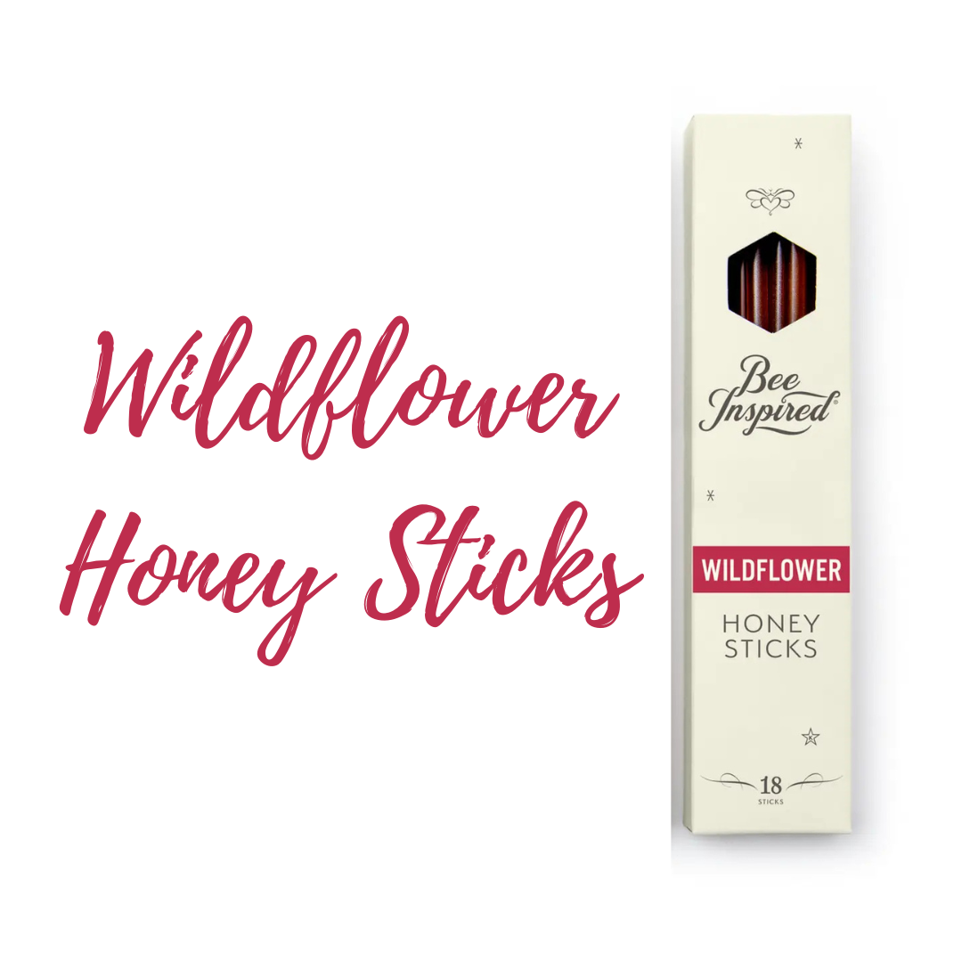 Box of Wildflower Honey Sticks with 'Bee Inspired' branding on a white background