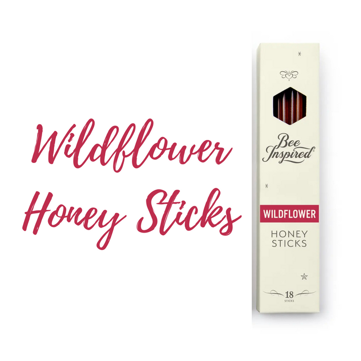 Box of Wildflower Honey Sticks with 'Bee Inspired' branding on a white background