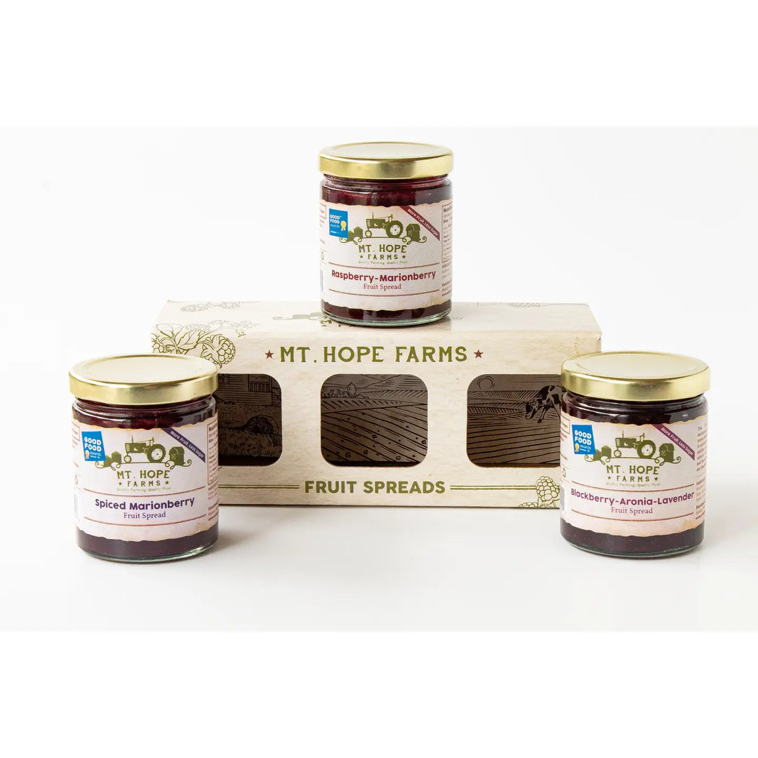Mt. Hope Farms Good Food Award Trio fruit spreads gift set in farm-inspired box