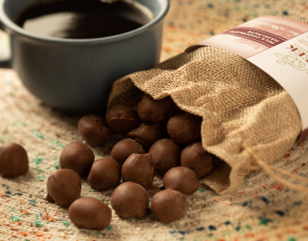 Dark Chocolate Covered Hazelnuts w/ Drawstring Bag | Ash Creek - Farmhouse Teas